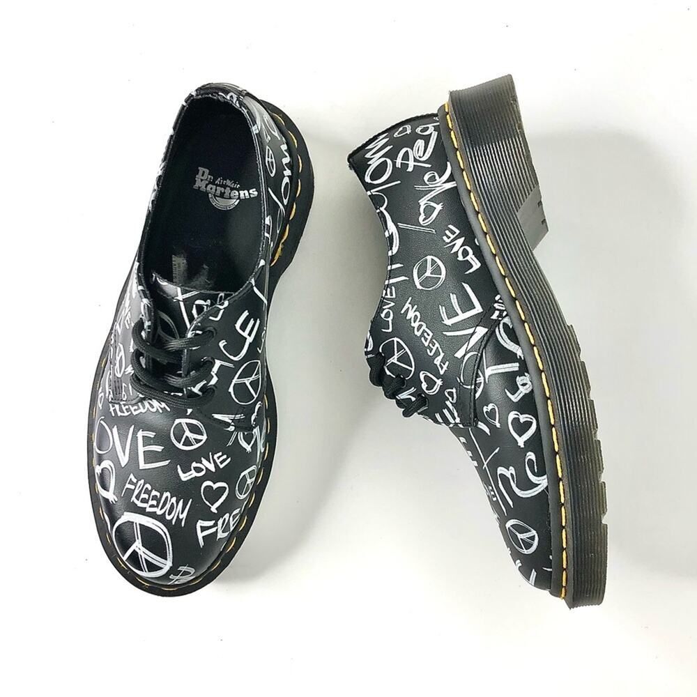 Dr. Martens Black and White Graphic Flats Peace, Love, Freedom